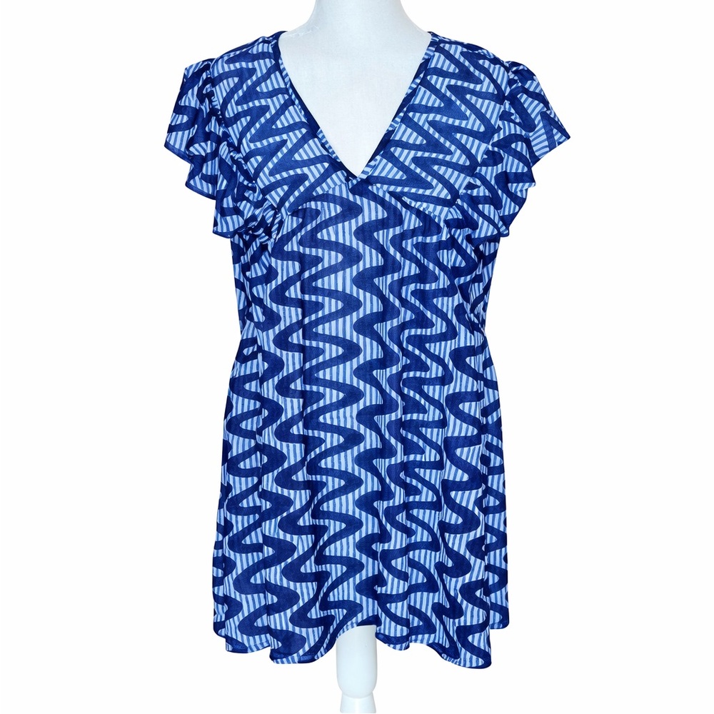 Oliphant Blue and White geometric hand stamped gauzy Indian tunic top lk New L